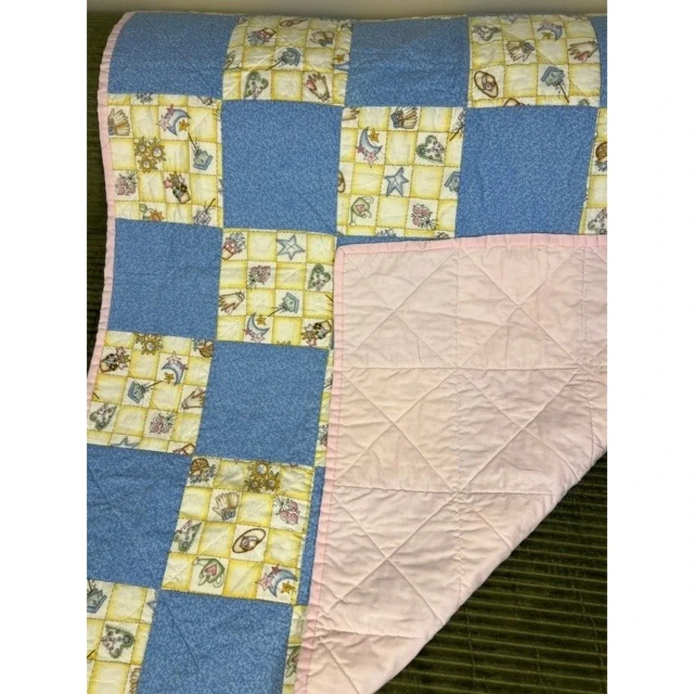 Handmade Patchwork Baby Quilt Birdhouse Garden Blue Pink 35x40 Nursery Blanket